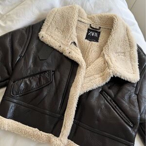 Zara Women's Black Leather Jacket with Cream Lining